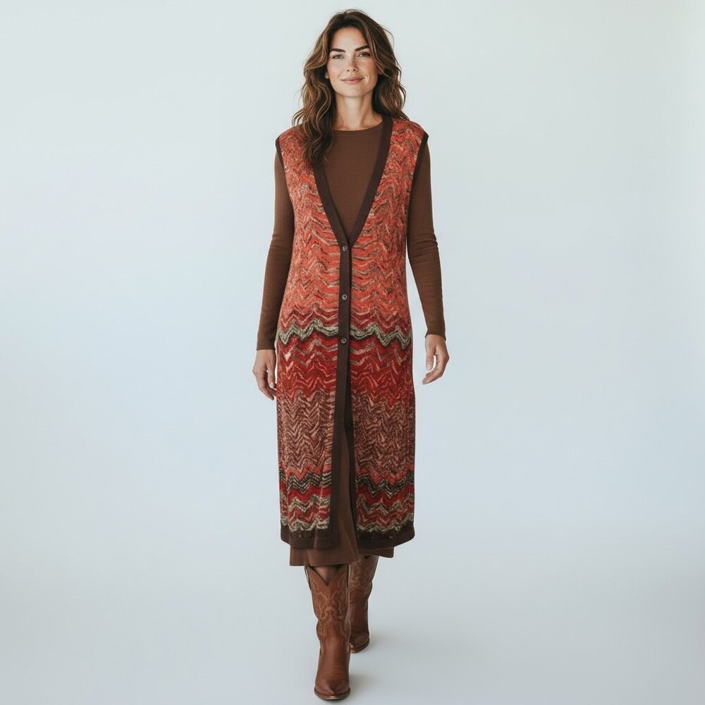 Nine West Boho Long Duster Vest Cardigan Y2K Rust Brown Orange Red XL